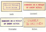 Assorted postmarks indicating delay to mail because of enemy action, bomb damage etc