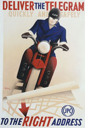 poster depicting telegram messenger on a motorbike and advertising the need to deliver telegrams accurately
