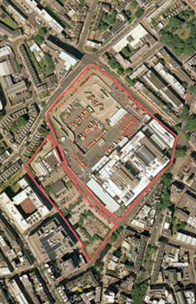 Aerial photograph of Clerkenwell, with the Mount Pleasant site outlined in red